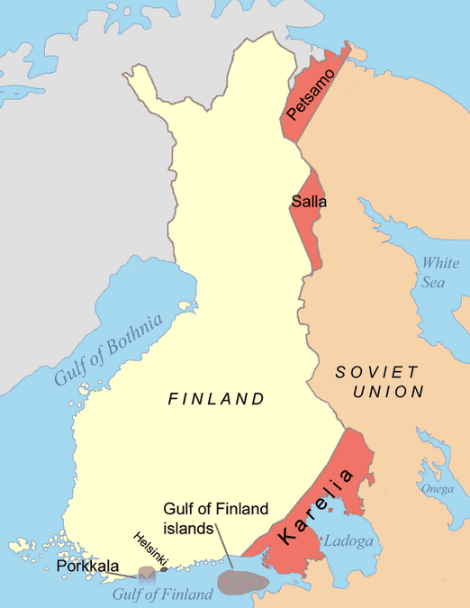 Map of Finnish areas ceded to the Soviet Union in 1944, after the Continuation War. Porkkala was exchanged for Hanko.