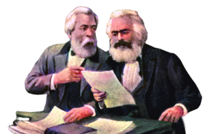 Marx and Engels with papers, unknown author (transparent).png