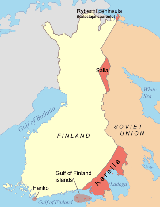 Map of the areas ceded by Finland to the Soviet Union after the Winter War 1940