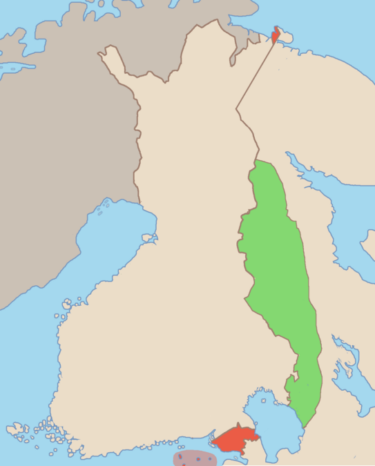 Green indicates area that was planned to be ceded to the Finnish Democratic Republic and red area from Finland to the Soviet Union; likely similar to the territory offered to Finland